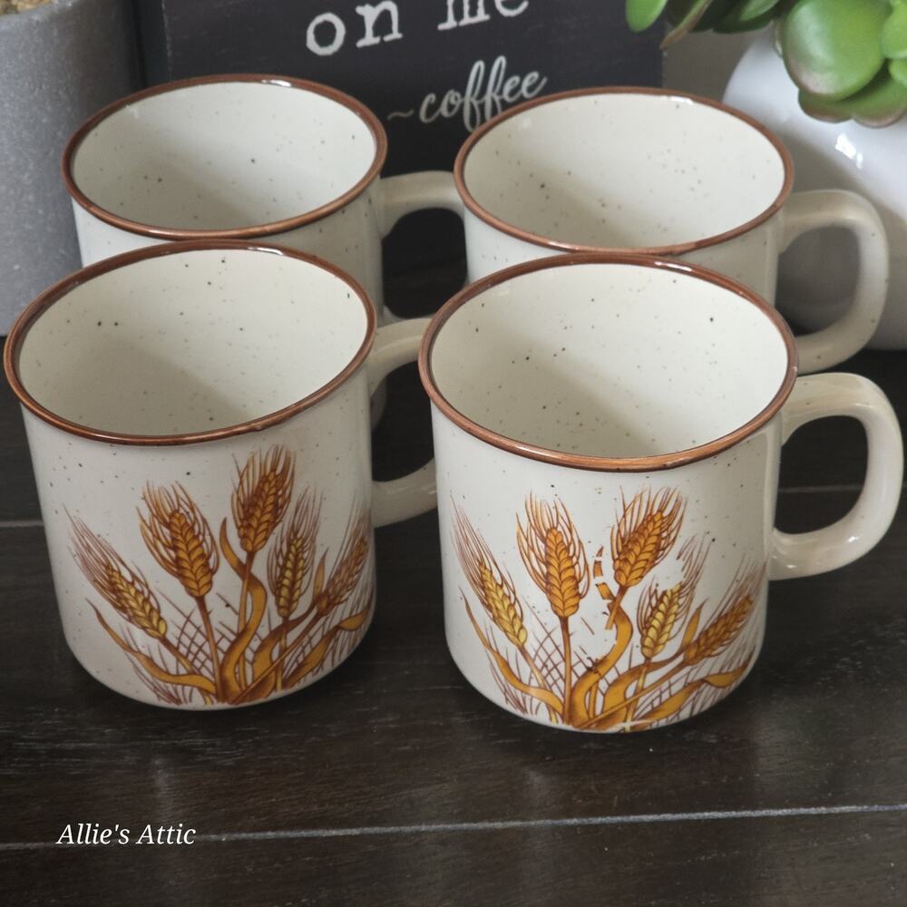 4 Buckwheat Stoneware Tan‎ Speckled Coffee Mugs Cups Main Isle Vintage 1970s Set